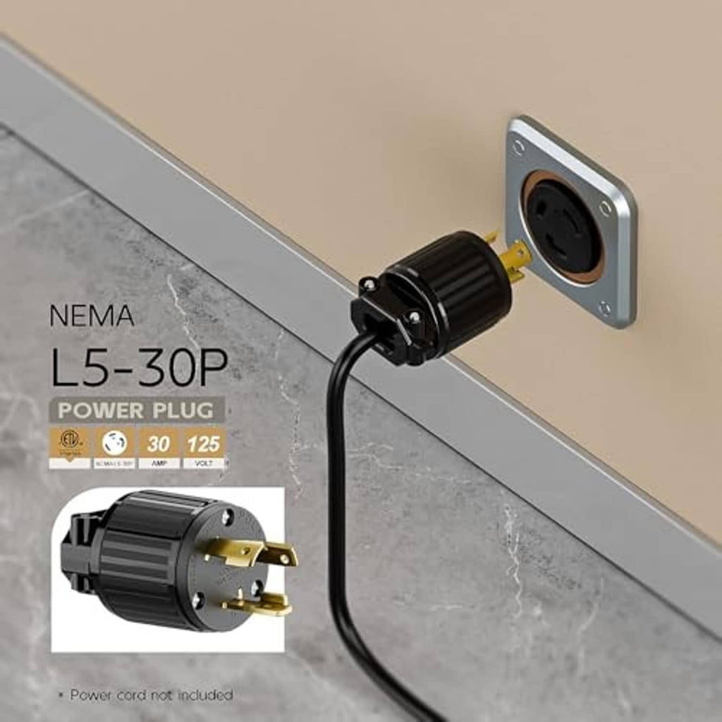 Nema L5-30P power plug with black ribbed housing and gold prongs, cord-ready connector