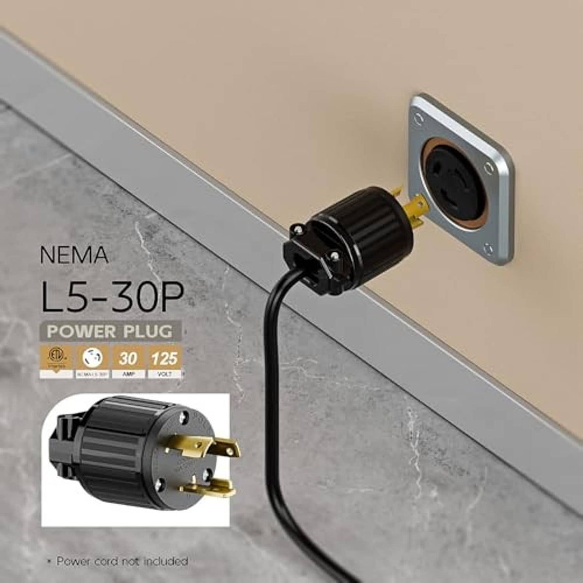Nema L5-30P power plug with black ribbed housing and gold prongs, cord-ready connector