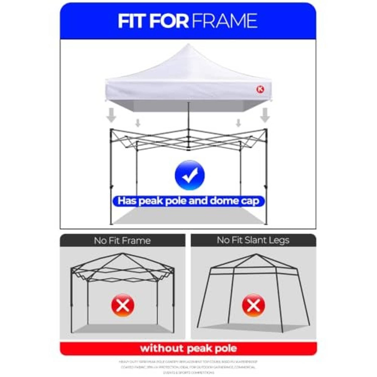 Canopy replacement top fit-for-frame diagram showing peak pole and dome cap
