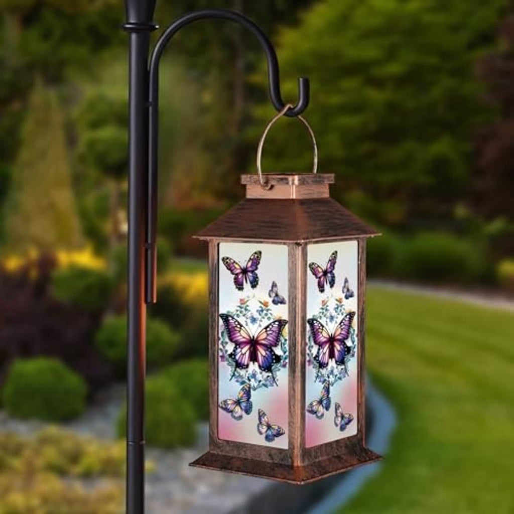 Bronze solar hanging lantern with butterfly printed panels and arched support hook