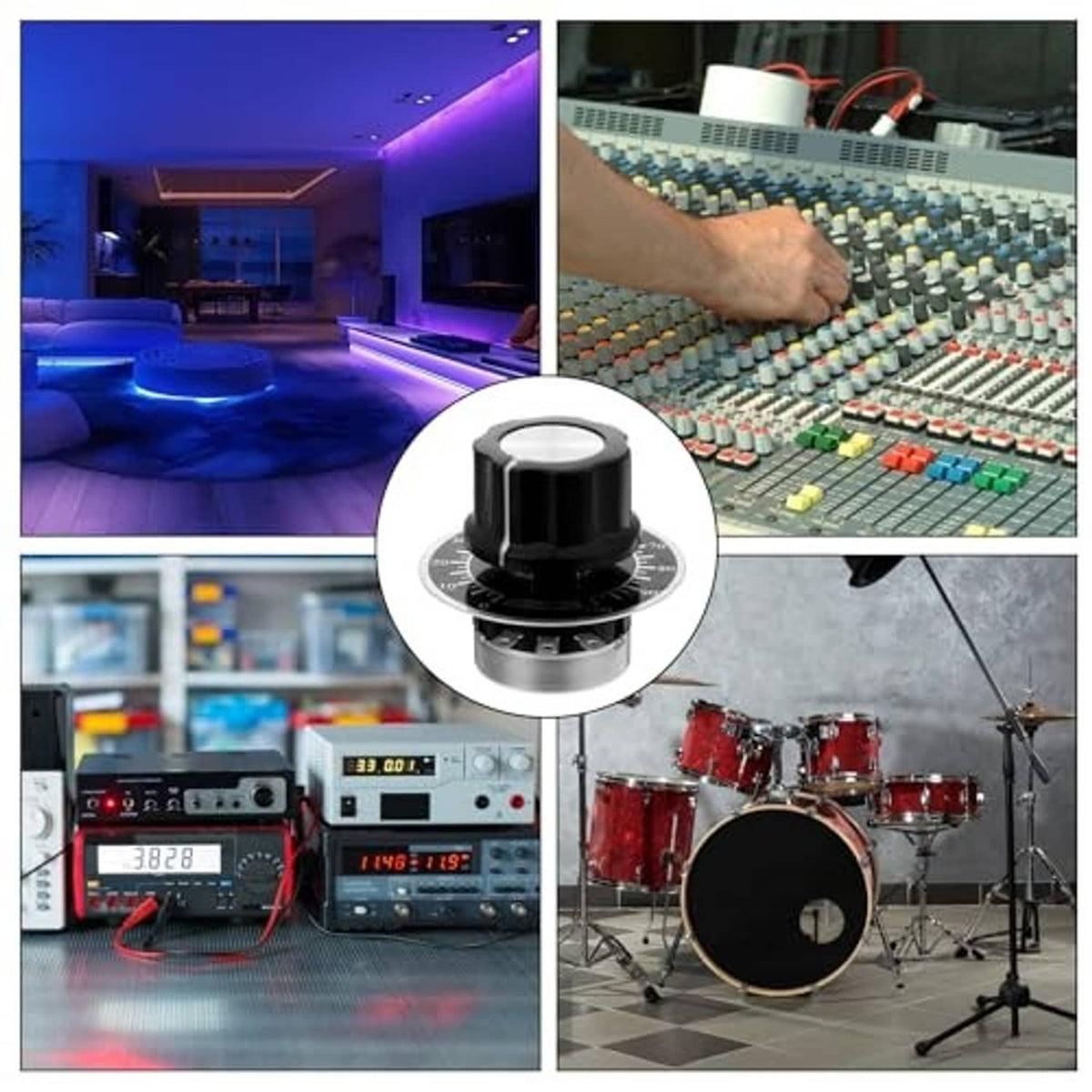 Rotary potentiometer knob with circular scale face and threaded metal output shaft