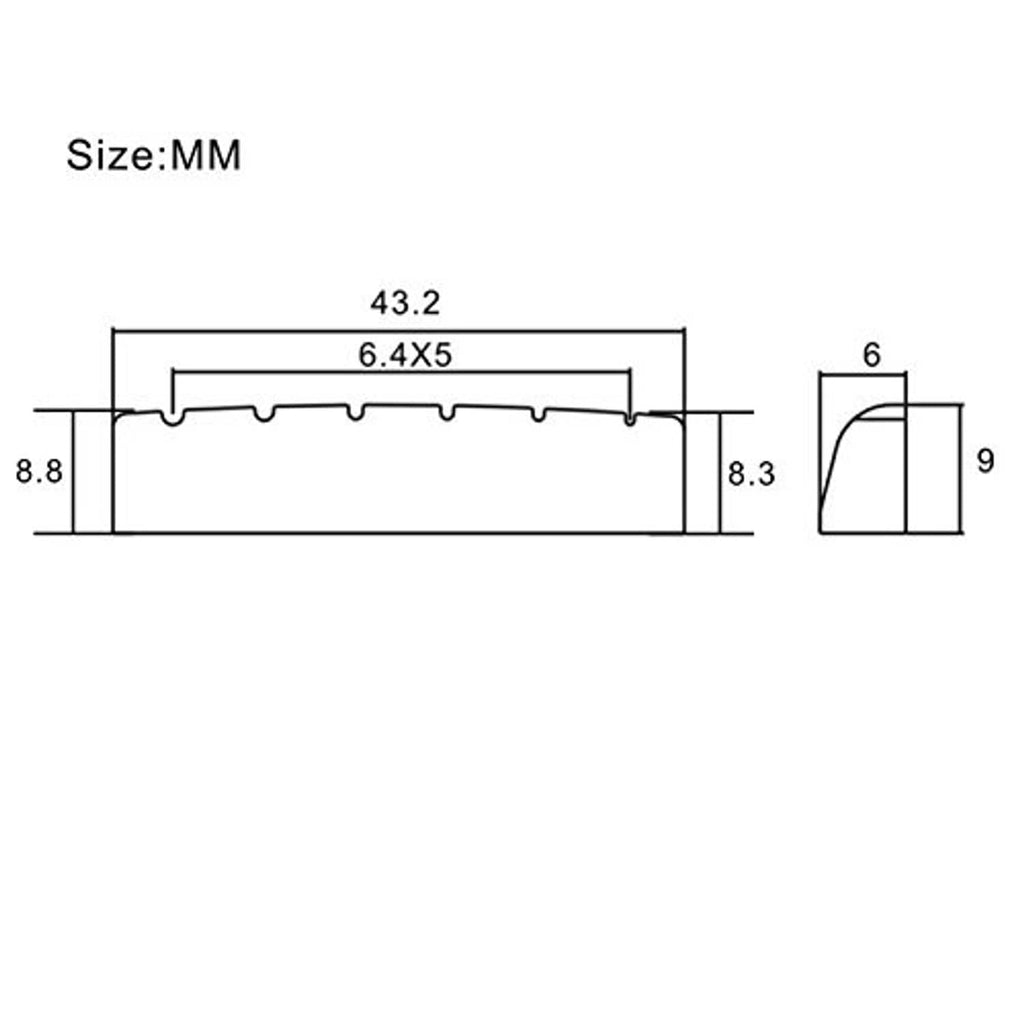 Acoustic guitar nut and saddle size diagram with millimeter measurements.