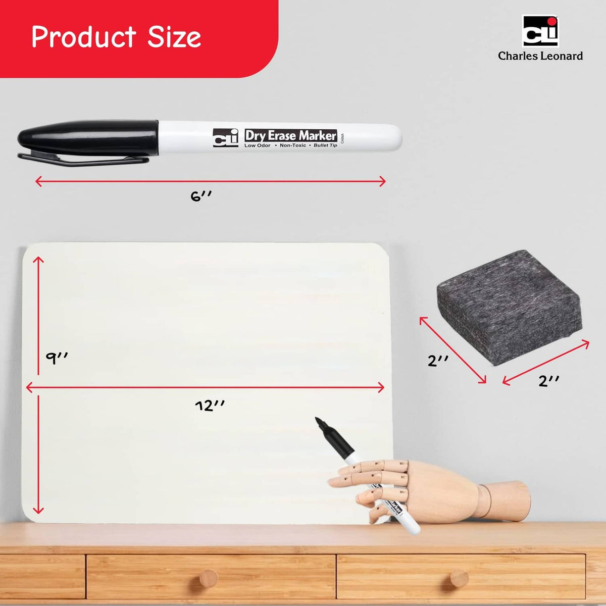 White dry erase lapboard 12x9 in with 6 in marker and 2x2 in felt eraser