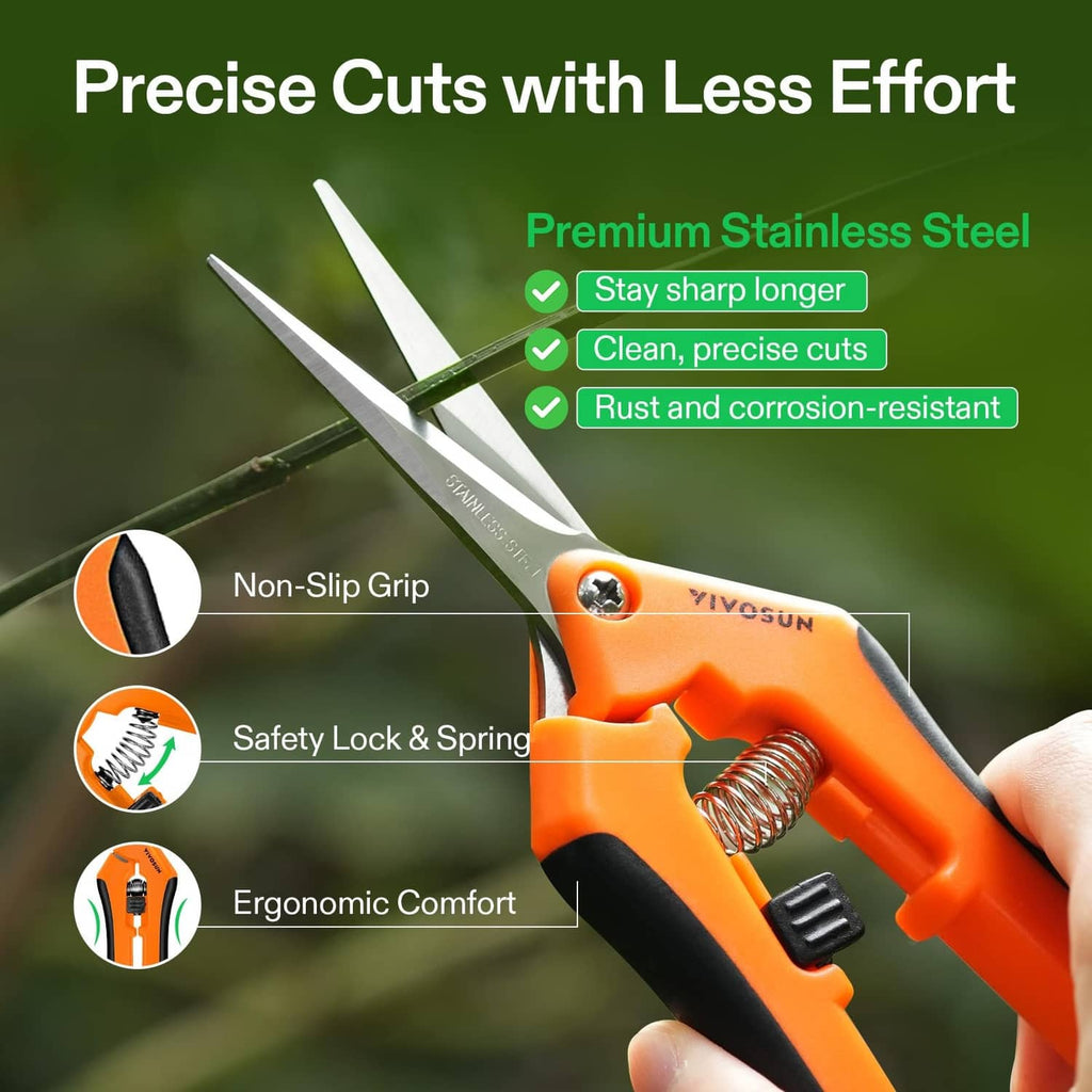 Orange pruning shears close-up with non-slip grip and spring handle, stainless blades