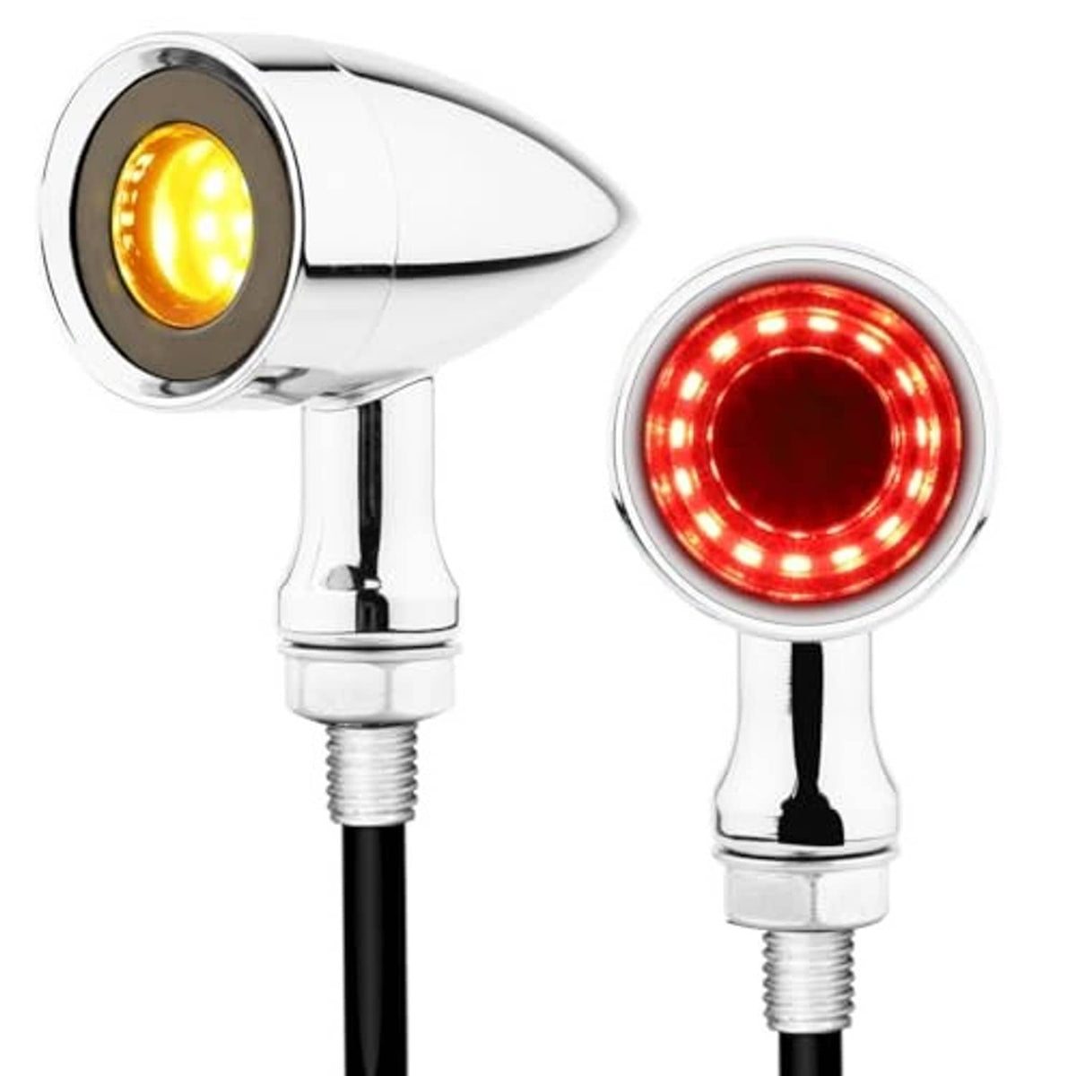 Chrome motorcycle rear LED turn signals, amber and red LED rings with threaded mounting stems