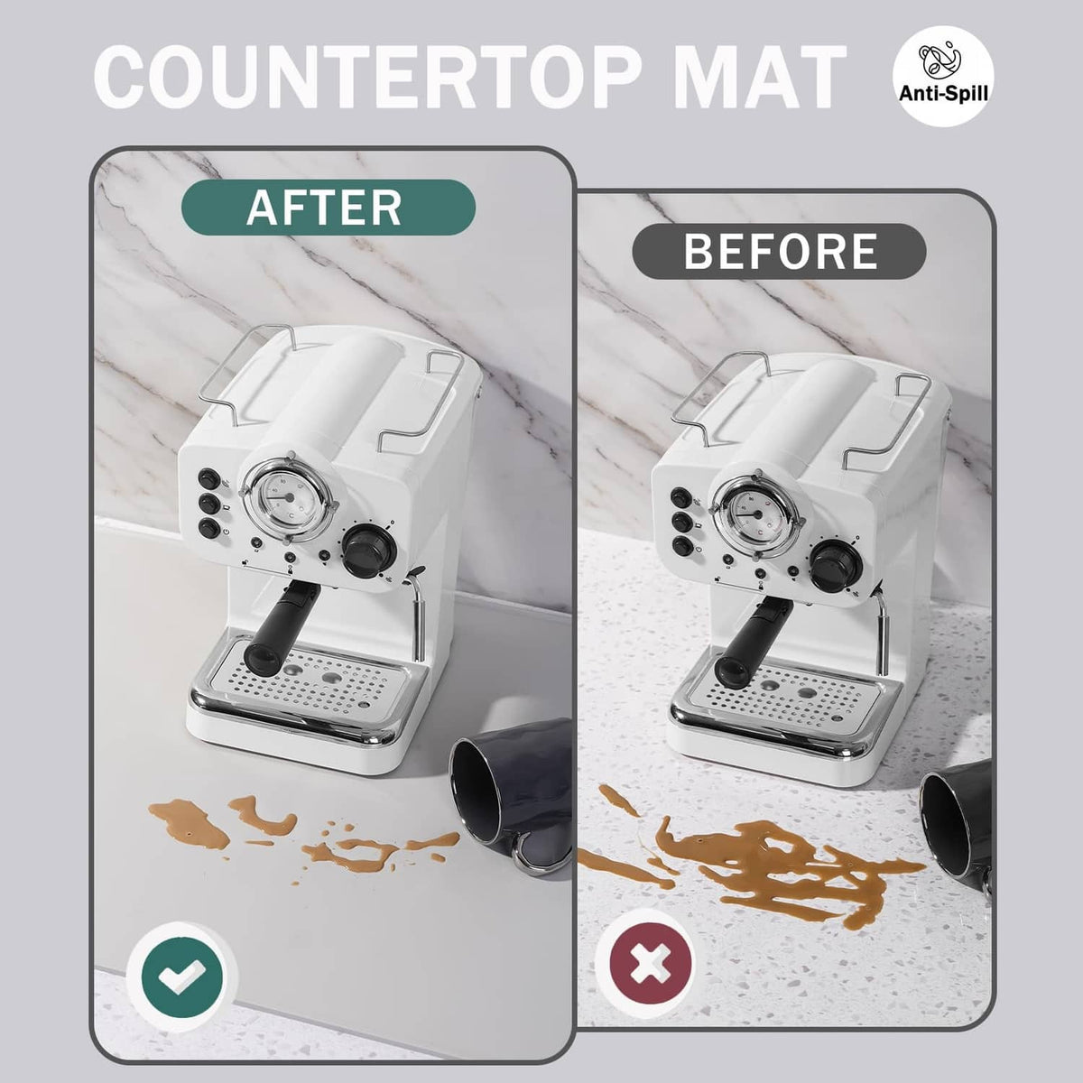 Gray silicone mat with raised edges that helps contain messy spills on the counter