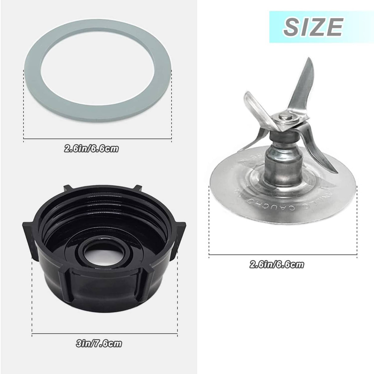 Black blade base with stainless ice blade and gray silicone gasket, sized view