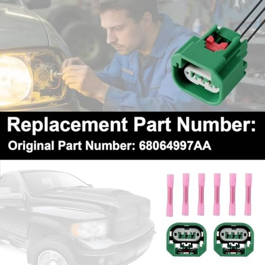 Headlight wiring harness replacement with two green connectors and pink terminal sleeves