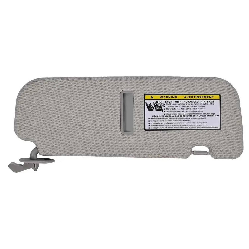 Grey sun visor with vanity mirror and warning label, side attachment clips