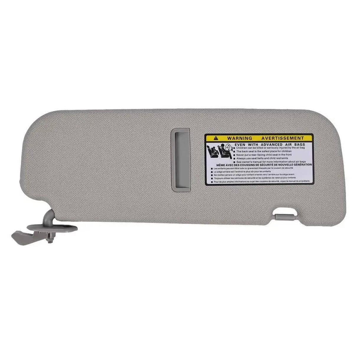 Grey sun visor with vanity mirror and warning label, side attachment clips