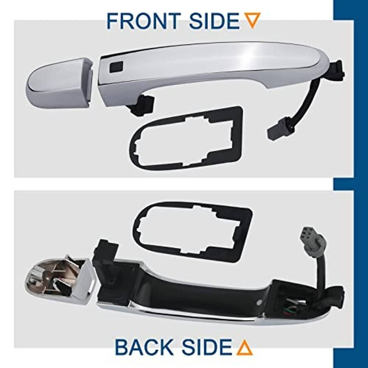 Silver exterior door handle with smart-key button; front and back cover parts