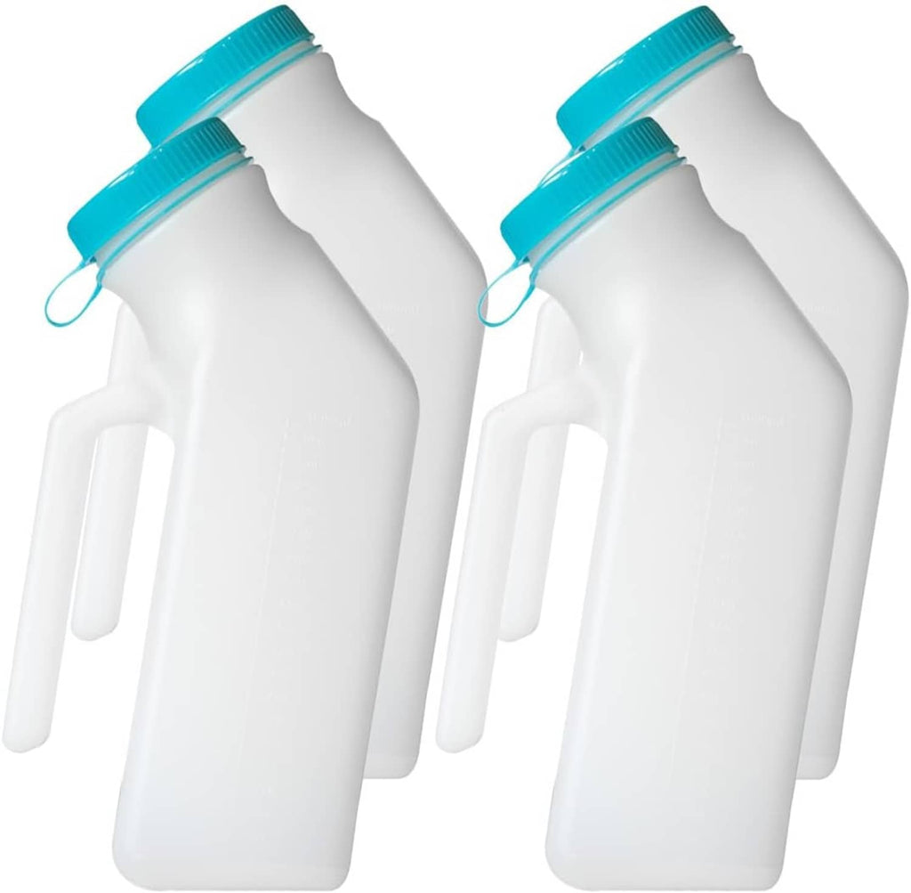 Men's portable urinal bottle, white body with blue cap and carry loop, dual pack