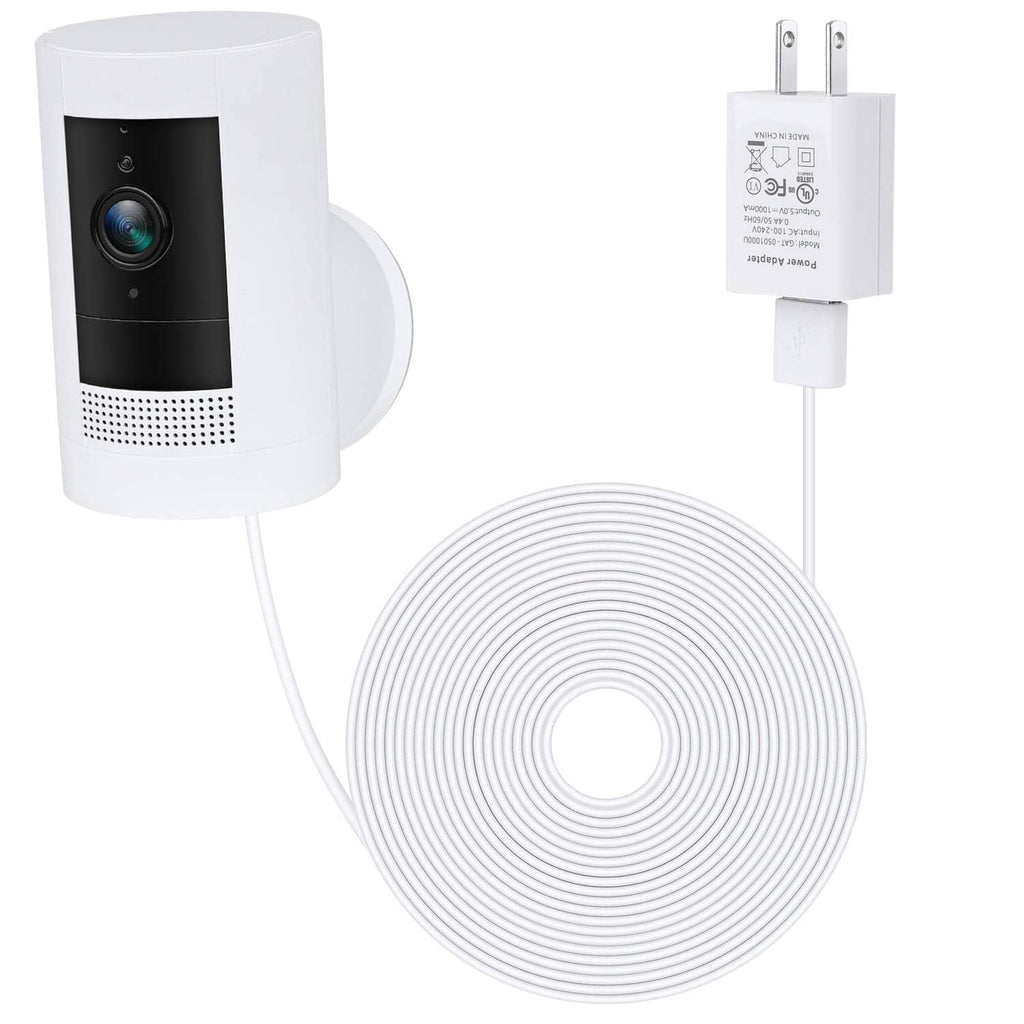 Alertcam power adapter kit with wall plug and coiled charging cable for white security cam