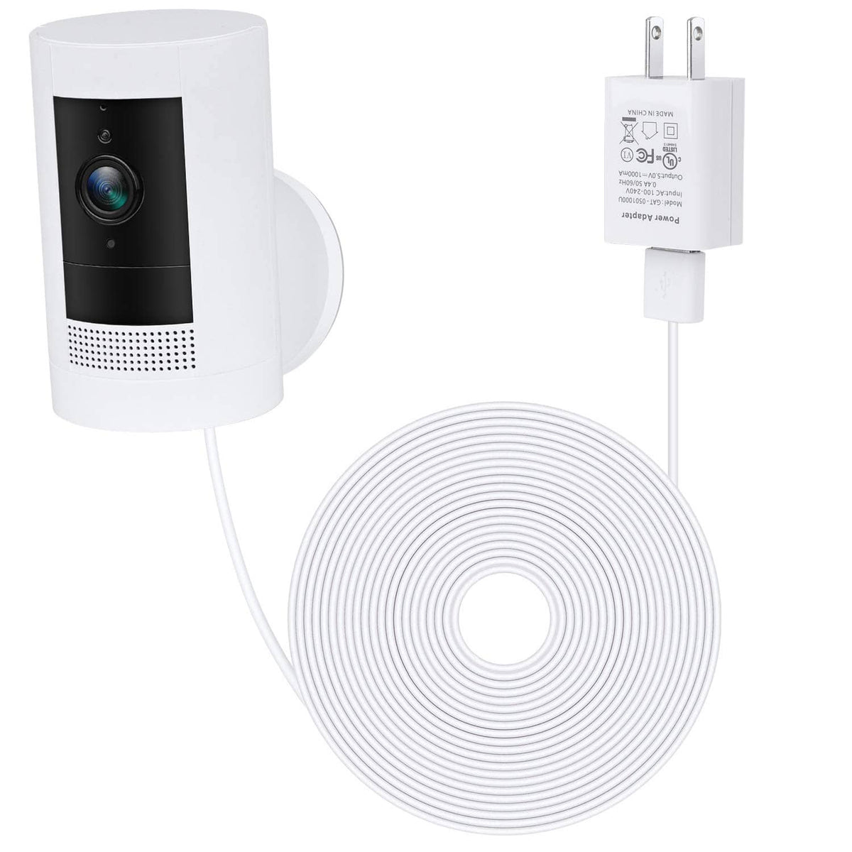 Alertcam power adapter kit with wall plug and coiled charging cable for white security cam