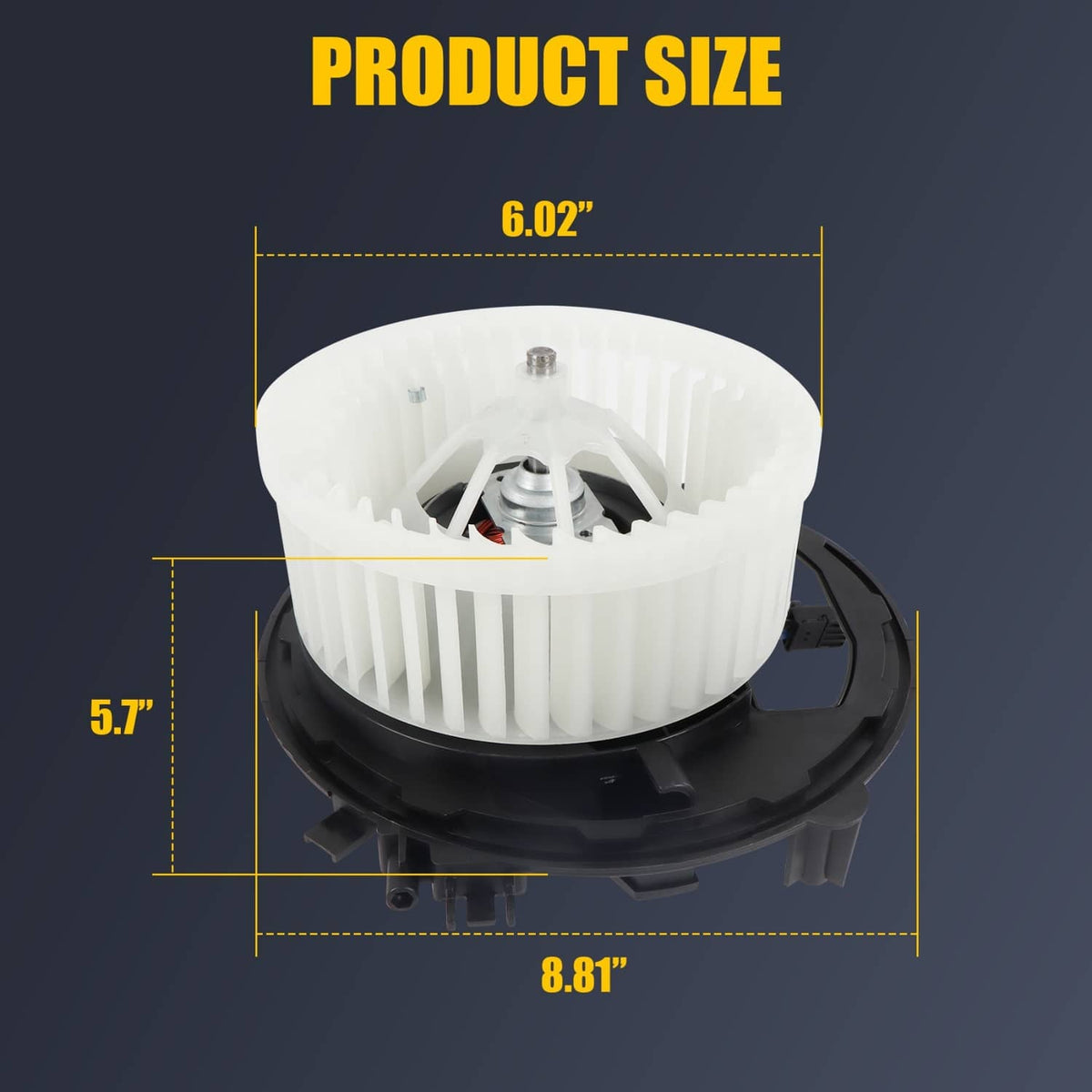 HVAC blower motor with white fan blades and black circular housing, side view