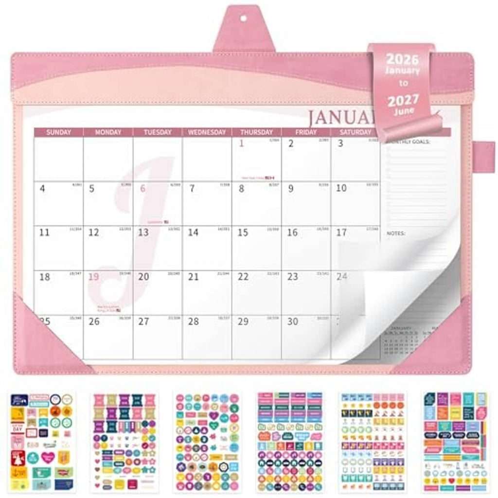 Pink desk calendar with January to June layout, clear page sheet, and storage folder