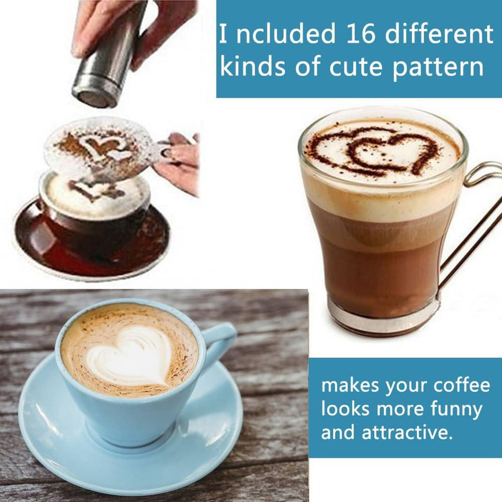 Cappuccino cups with decorative foam latte-art patterns, ready to stencil