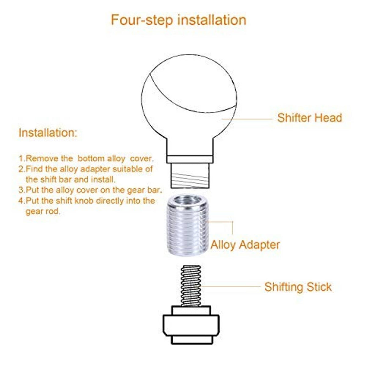 Red gear shift knob installation diagram with alloy adapter and shifting stick parts