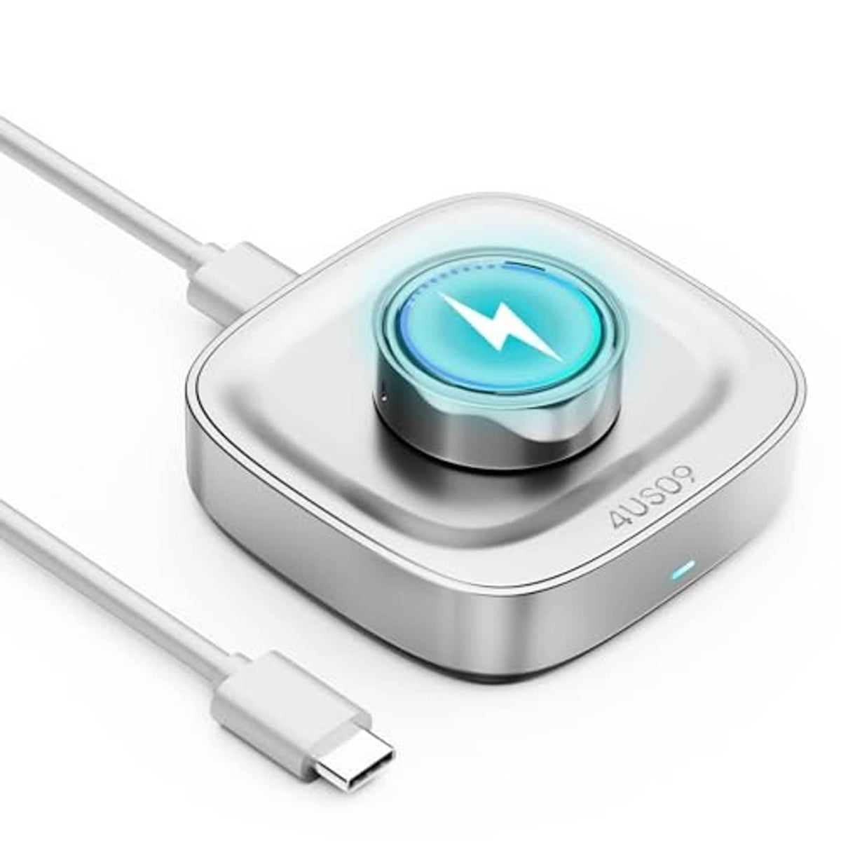 Oura Ring Gen 4 charging dock, silver base with blue charging indicator and USB-C plug