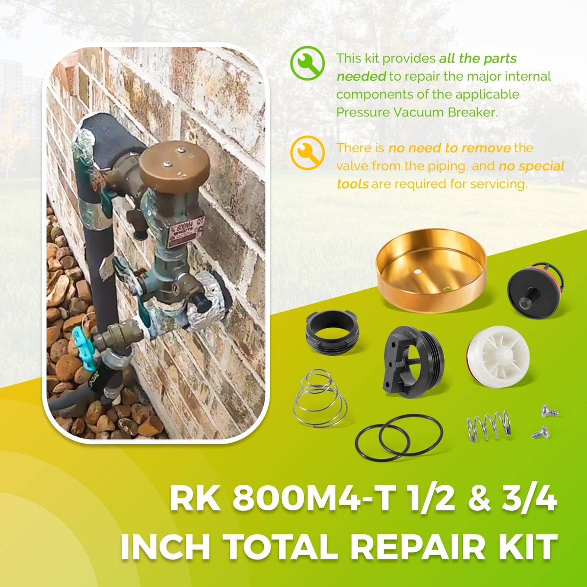 Pressure vacuum breaker repair kit with installed valve and brass hood, springs, seals