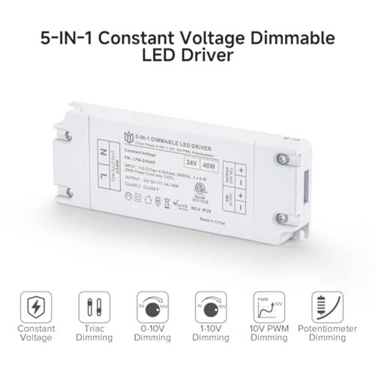 White constant-voltage dimmable LED driver module with screw terminal ends