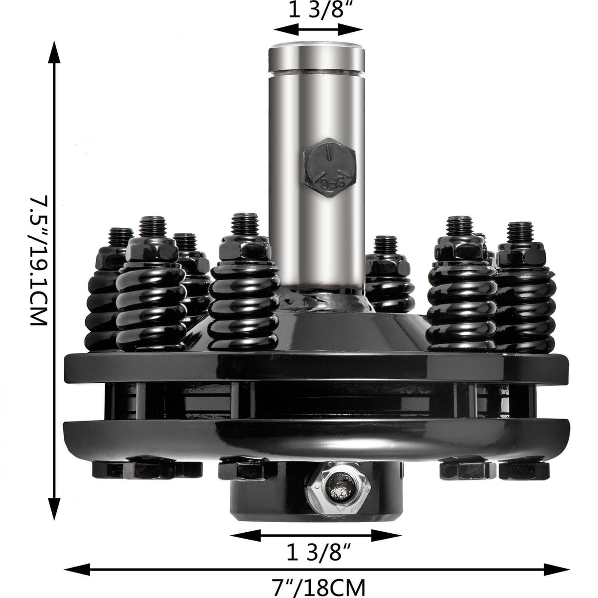 1 3/8-inch PTO slip clutch with black base, silver post, and measured overall height