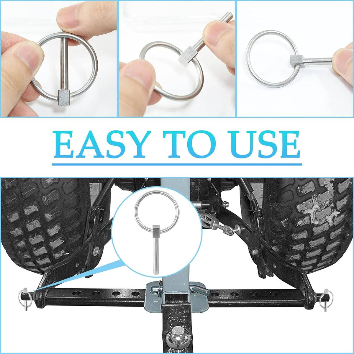 Stainless steel lynch pin set: loop rings with straight shafts and squared heads