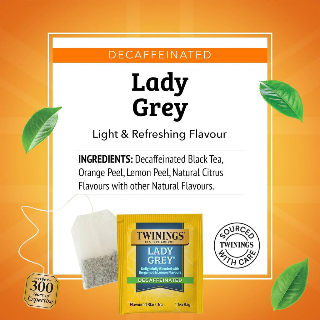 Lady Grey decaffeinated tea pack label with ingredients and tea bag image