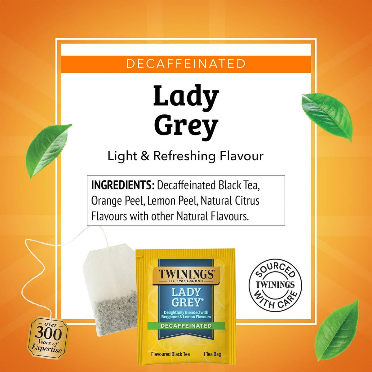 Lady Grey decaffeinated tea pack label with ingredients and tea bag image