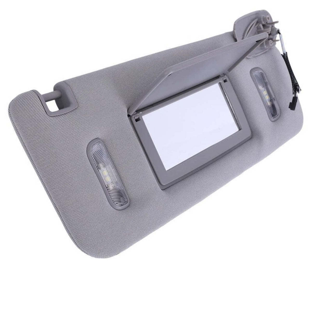Grey right-side sun visor with vanity mirror window and built-in LED light