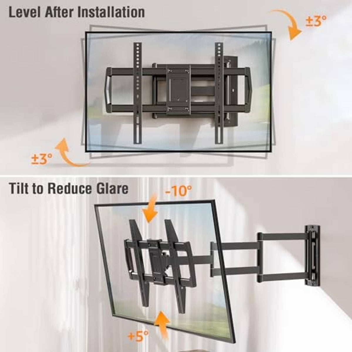 Black tilt TV wall mount angled downward with level adjustment support bars