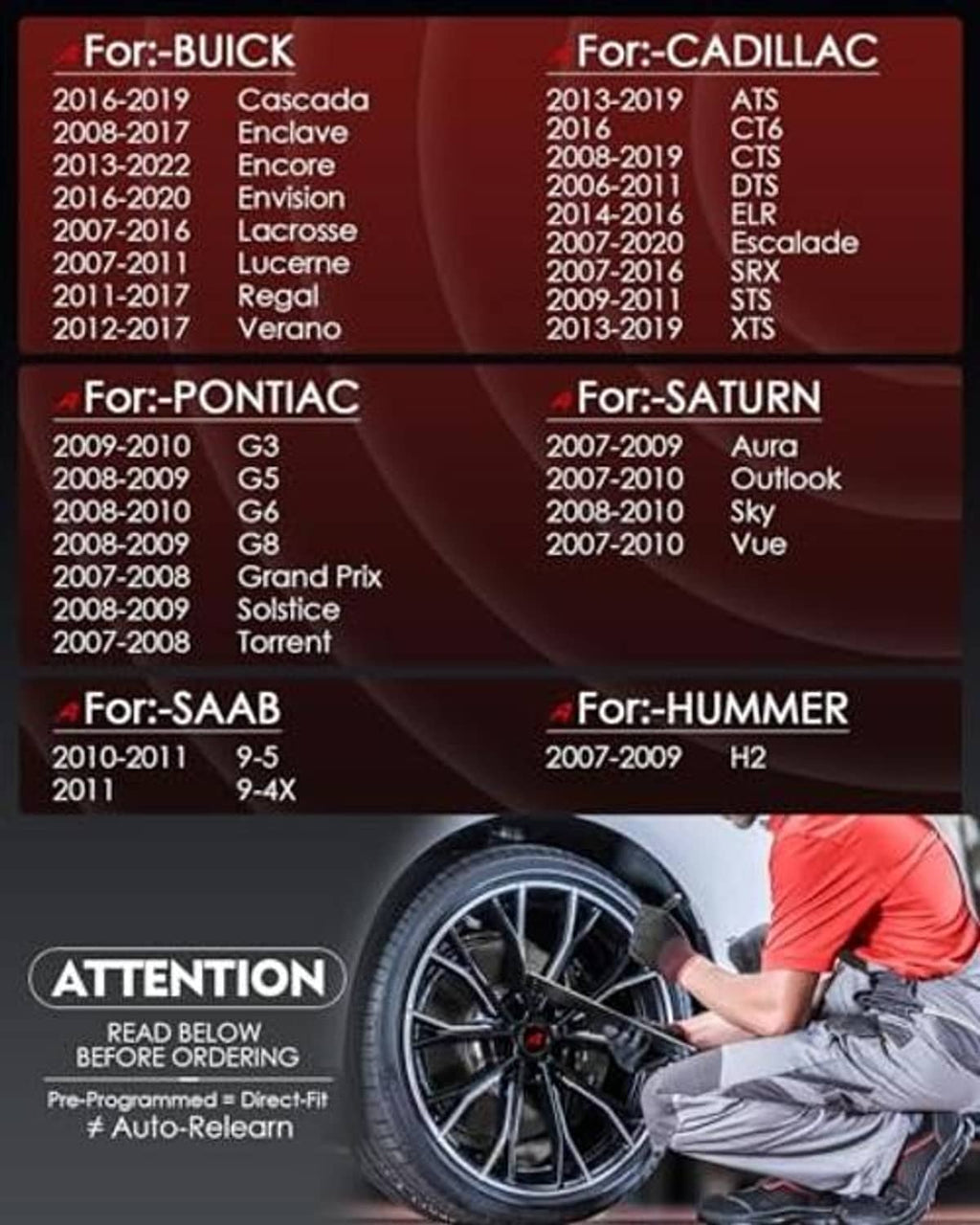 TPMS sensor vehicle compatibility chart for Buick, Cadillac, Pontiac, Saturn, and more.
