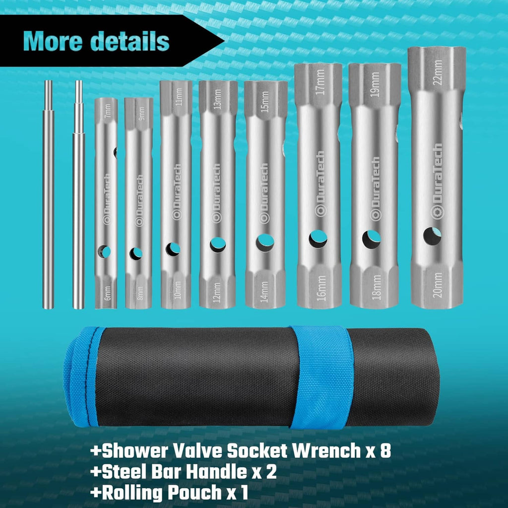 DURATECH 10-piece silver shower valve socket wrench set with blue-wrapped roll pouch
