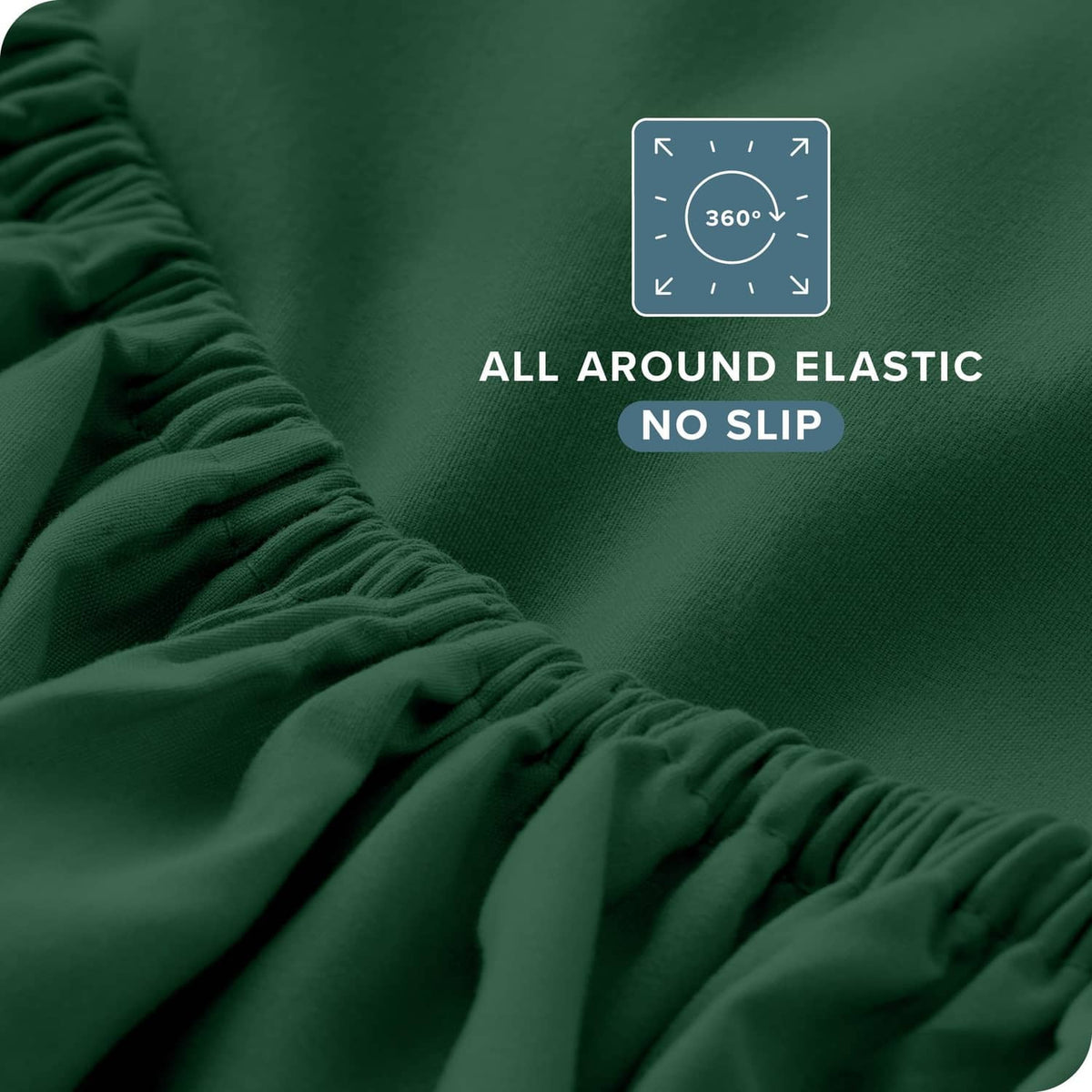 Forest green fitted sheet close-up with gathered fabric edge