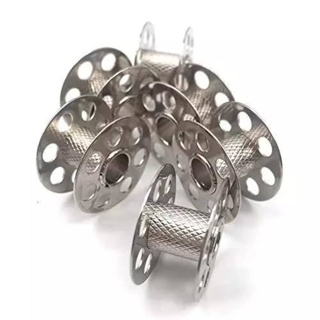 Silver metal bobbin set with five round reels and thread guide clips