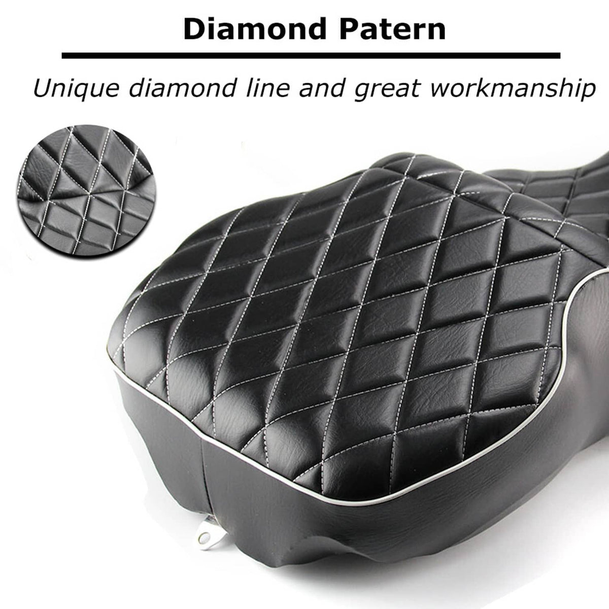 Black motorcycle seat with diamond pattern quilting and light piping edges