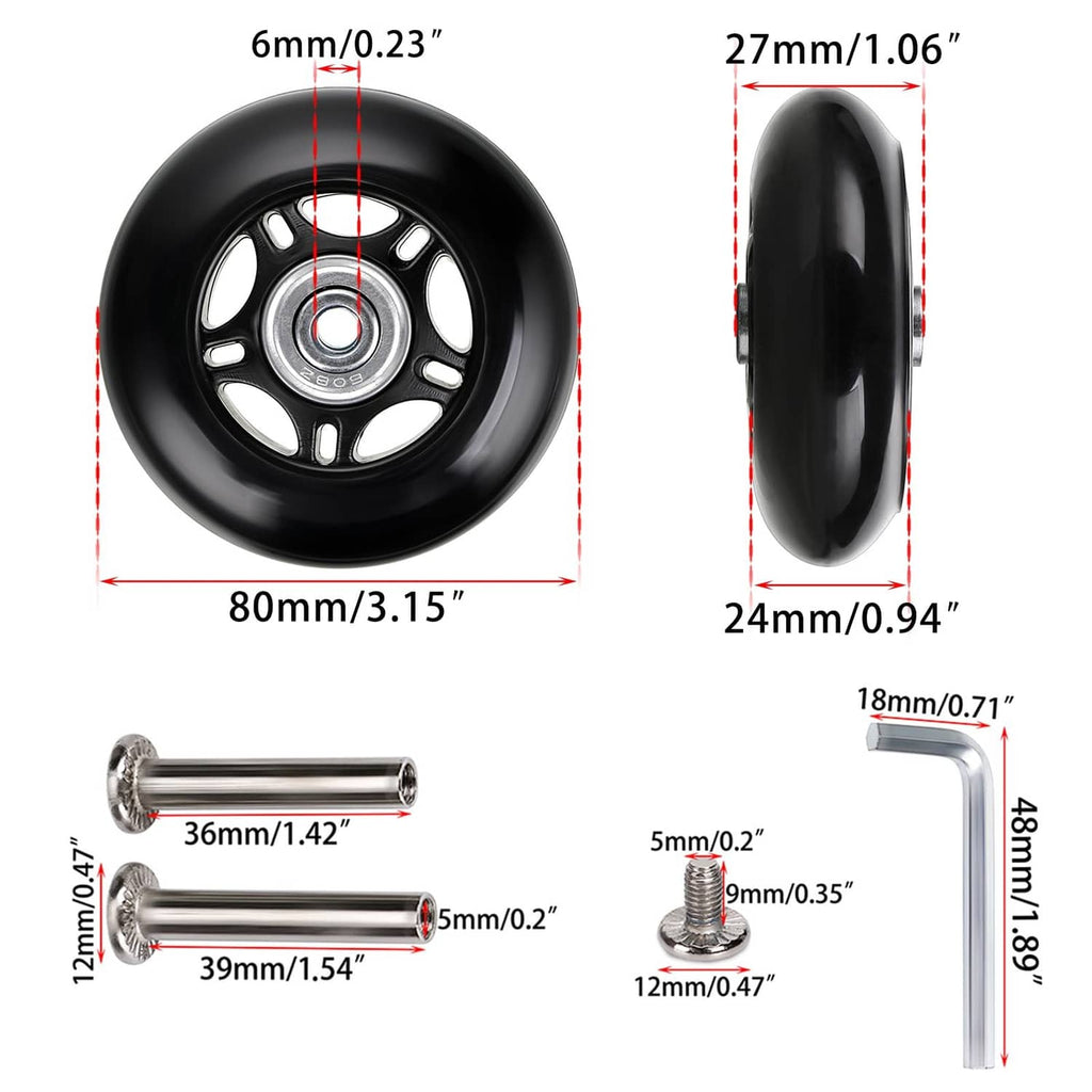 Black luggage wheel, 80mm diameter and 24mm width, with axle pin and hub