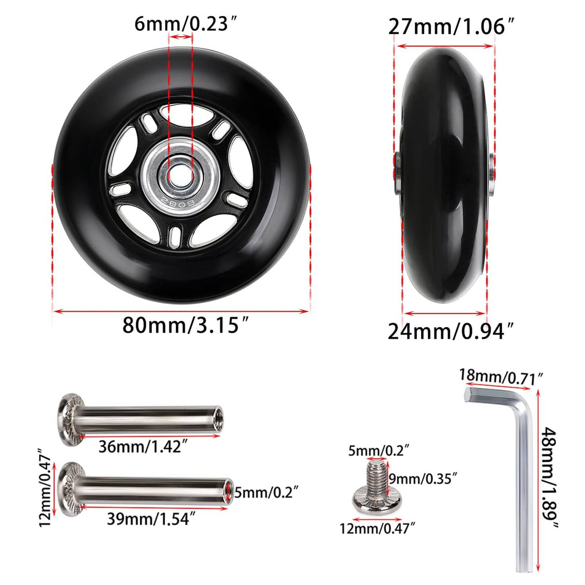 Black luggage wheel, 80mm diameter and 24mm width, with axle pin and hub