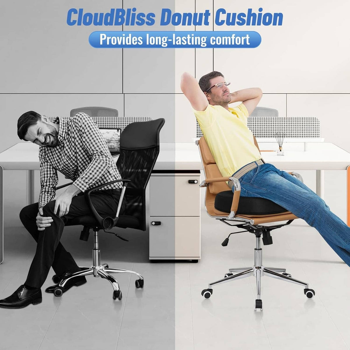 Black donut cushion pillow with center hole for ergonomic support