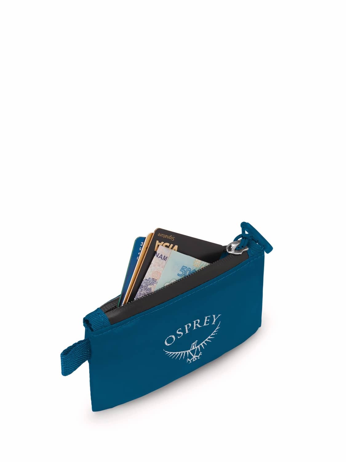 Osprey ultralight zip wallet, waterfront blue, open top showing cards inside