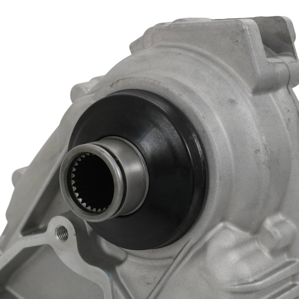 Transfer case assembly close-up of black internal seal and toothed ring in gray housing