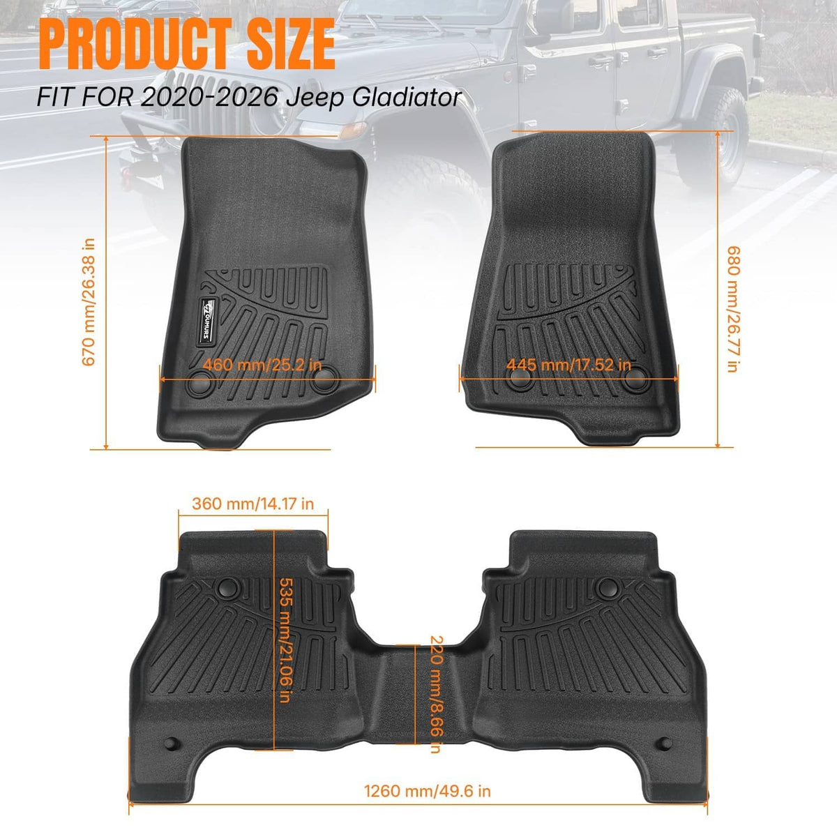 Black 3-piece car floor liner set with textured grip channels, front and rear
