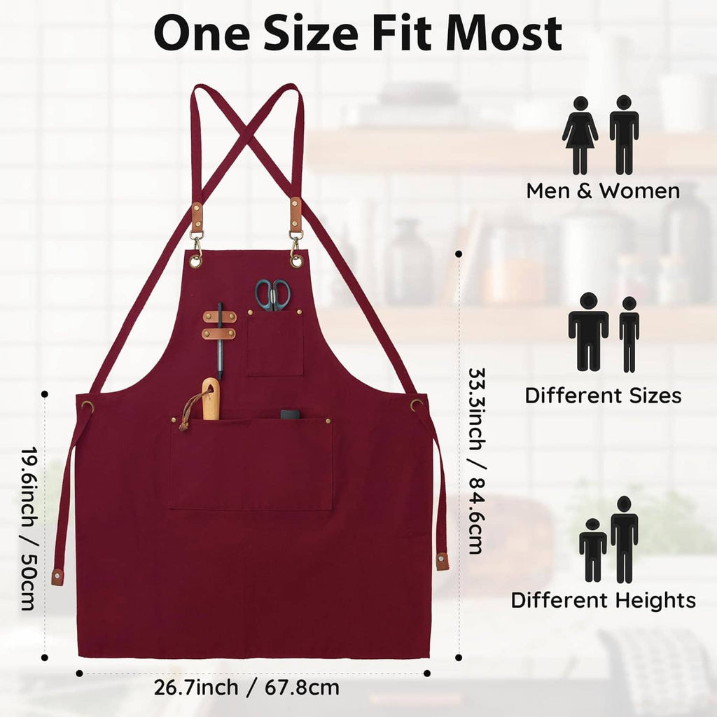 Burgundy canvas apron with adjustable neck and waist straps, one-size fit