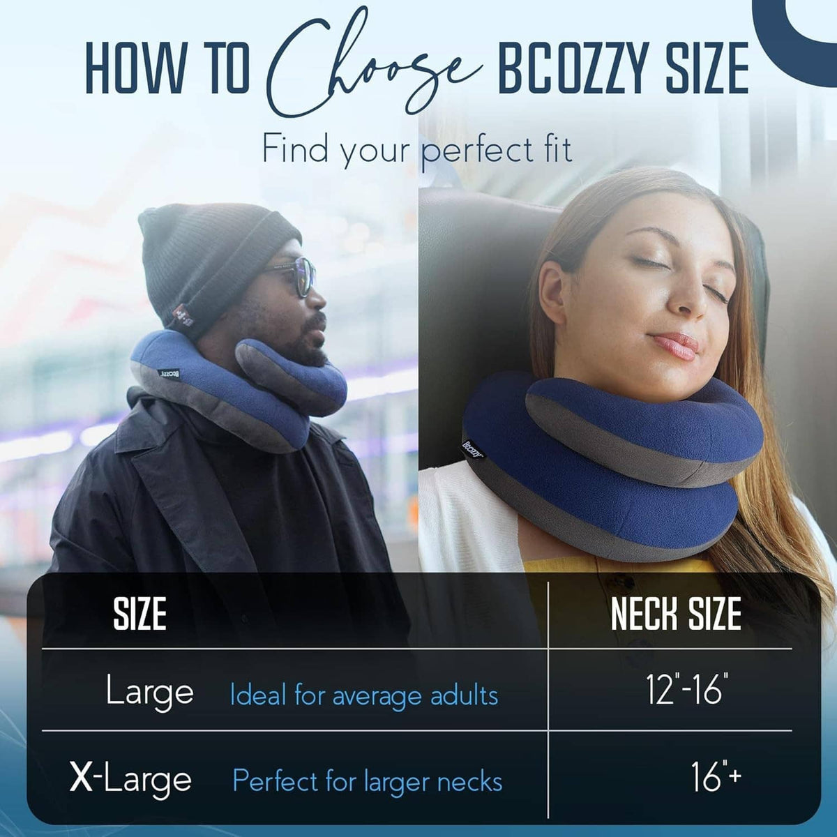 Blue travel neck pillow size guide with adults modeling the neck support