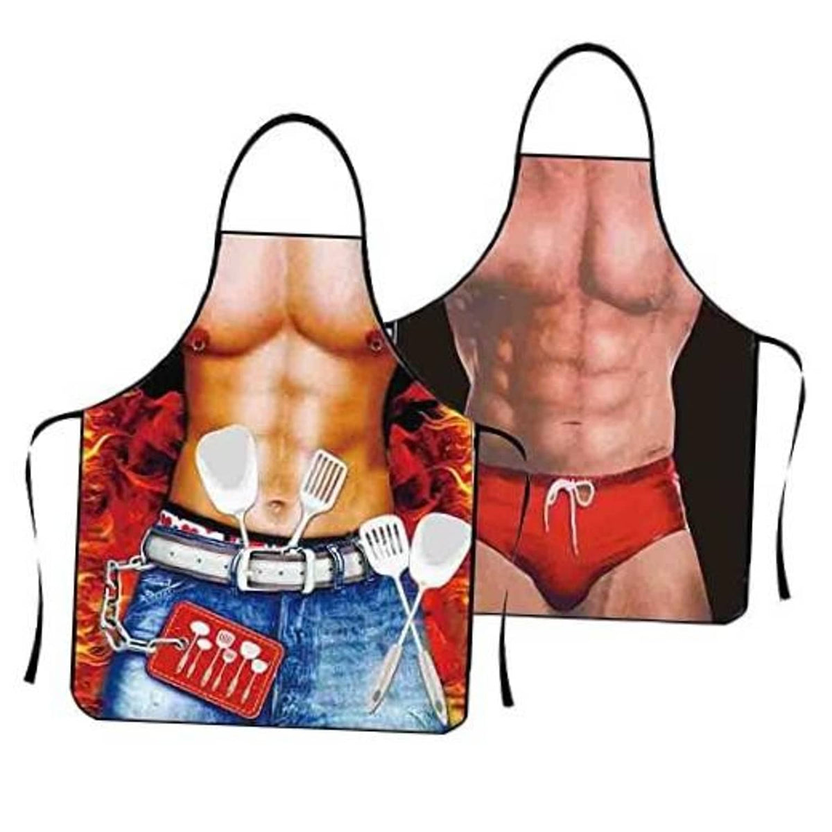Pair of novelty bib aprons with kitchen utensil prints, adjustable neck straps