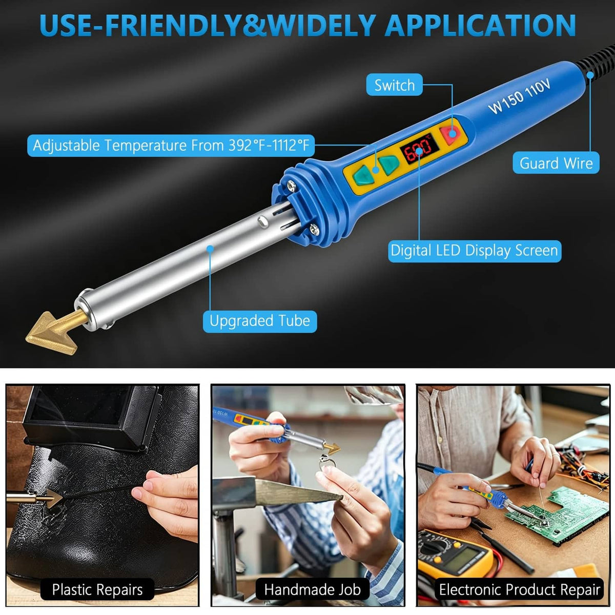 Blue plastic welder with adjustable temperature controls and digital LED display screen