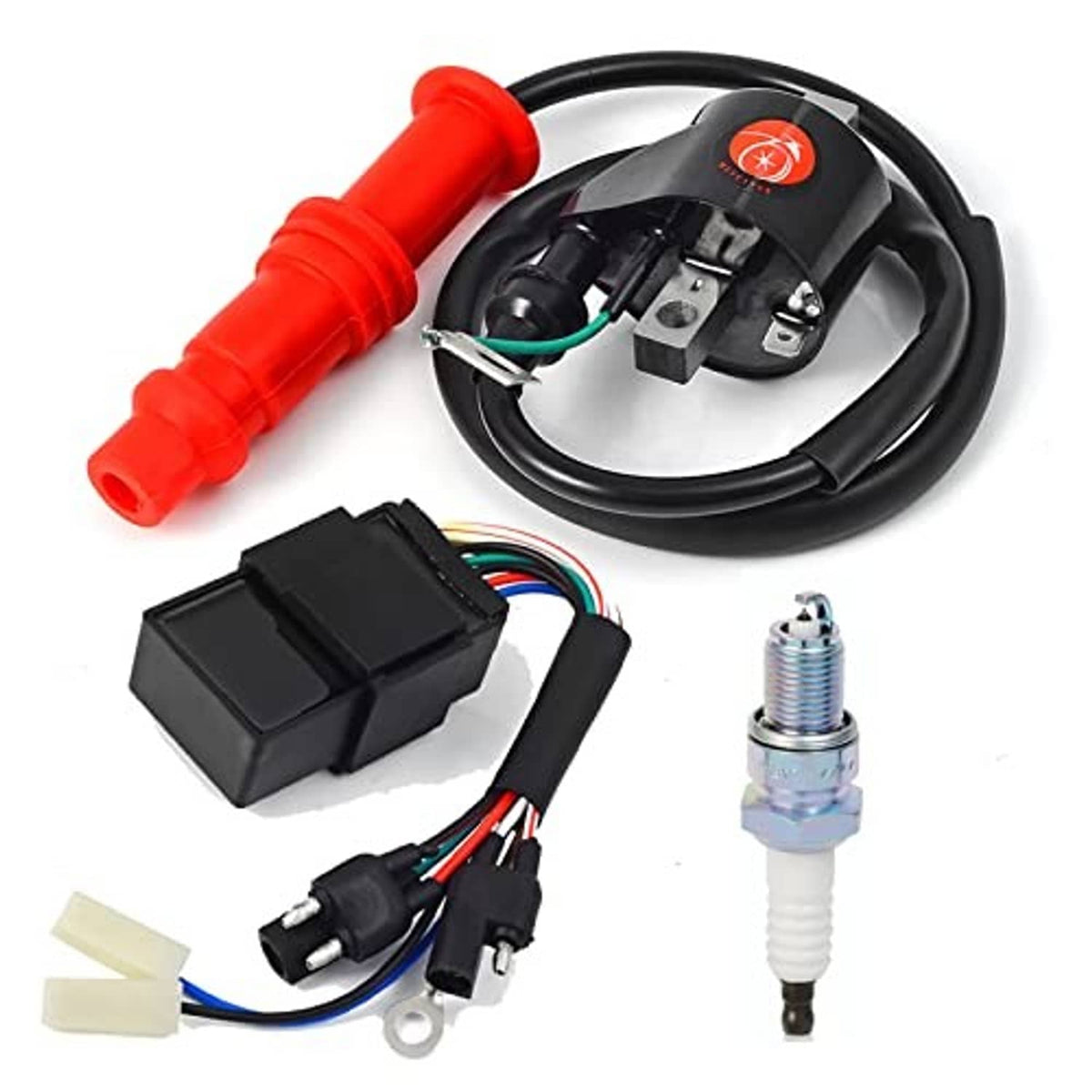 Ignition coil and CDI box kit with red spark plug boot and black wiring cable