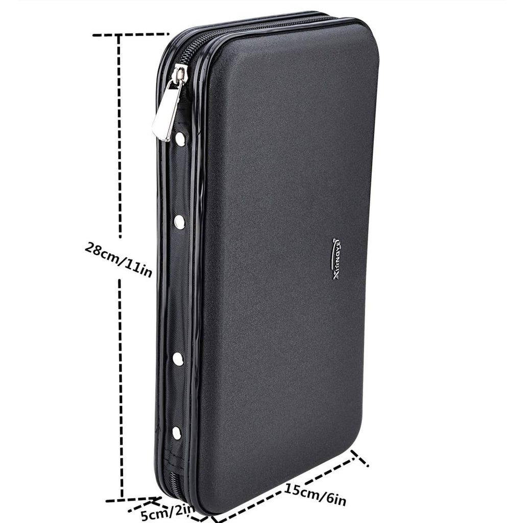 Black zipper DVD case wallet with side strap and metal snap details along the edge.