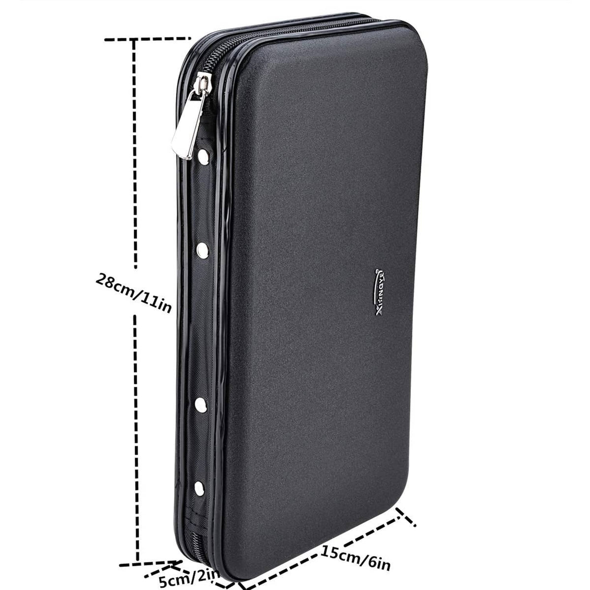 Black zipper DVD case wallet with side strap and metal snap details along the edge.