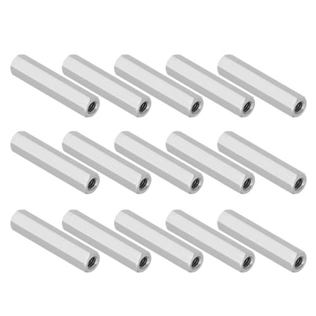 Hex coupling nuts in stainless finish with internal threads, shown in rows